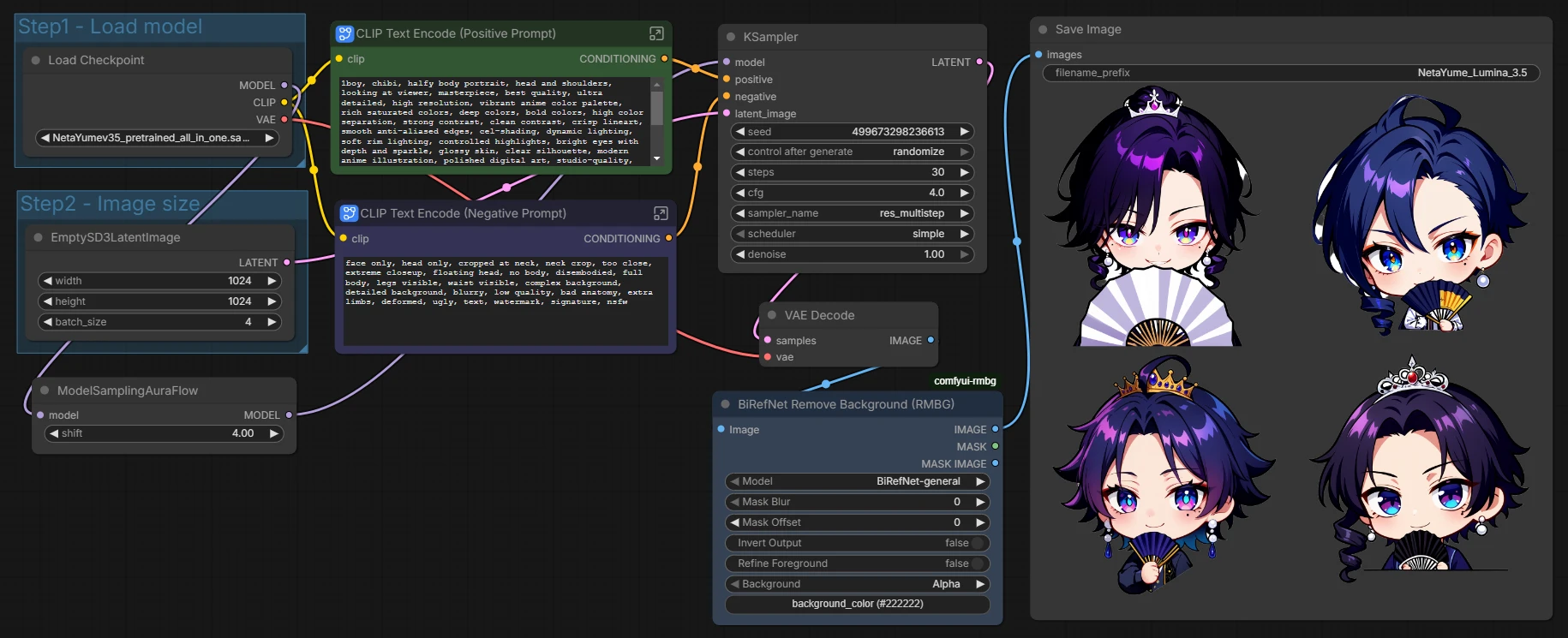 ComfyUI node-based workflow showing model loading, prompt conditioning, sampling, background removal, and output