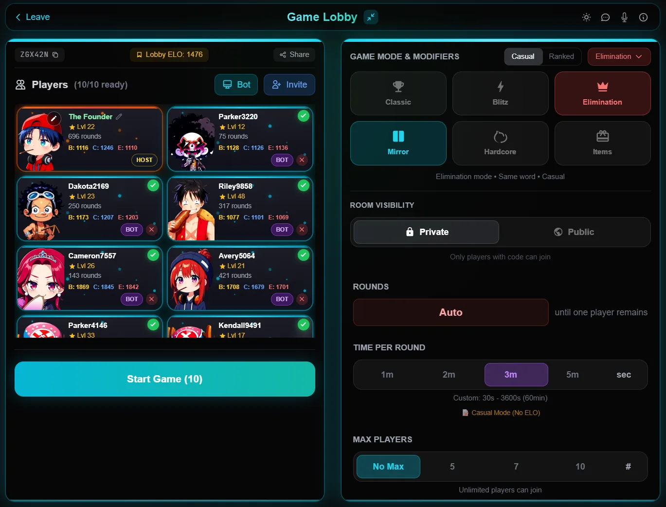 WordWarz.io game lobby screenshot